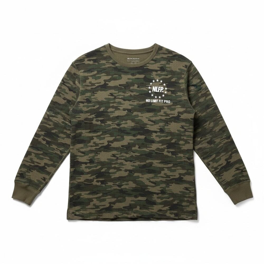 Mens Crew Neck Long Sleeve Waffle Knit T Shirt Thermal Camoflauge S Activewear